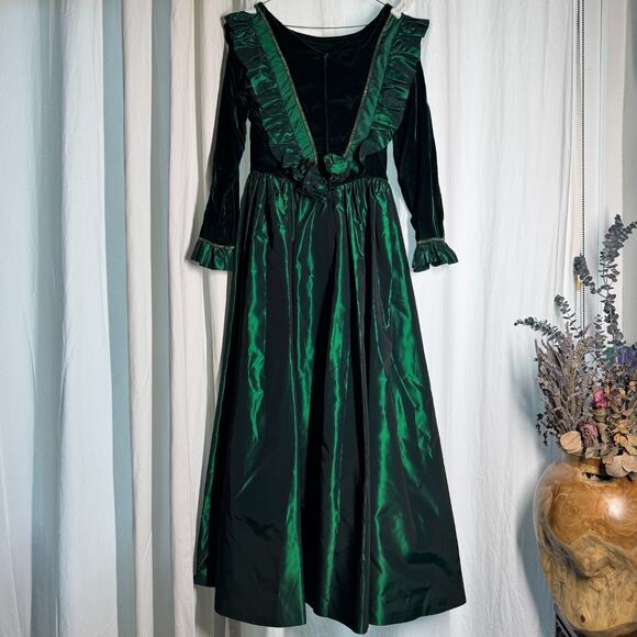 Vintage 1970s Renaissance Green Velvet Taffeta Victorian Maxi Dress Talon XS/S - Picture 2 of 11